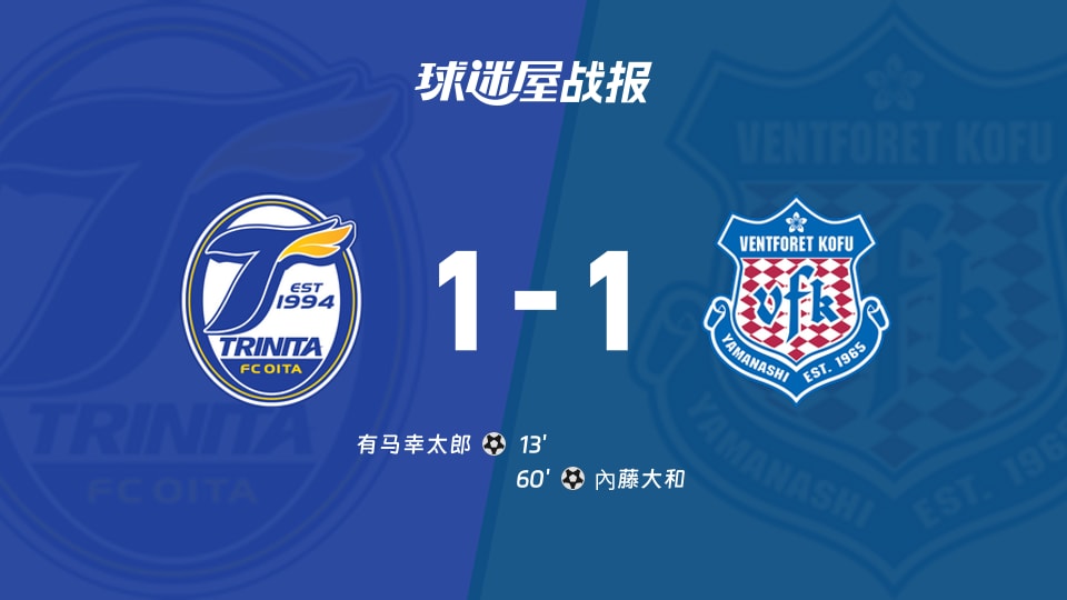 【日职乙联赛第13轮】大分三神vs甲府风林比赛结果：大分三神(1-1)甲府风林比分战报(2026年10月25日)